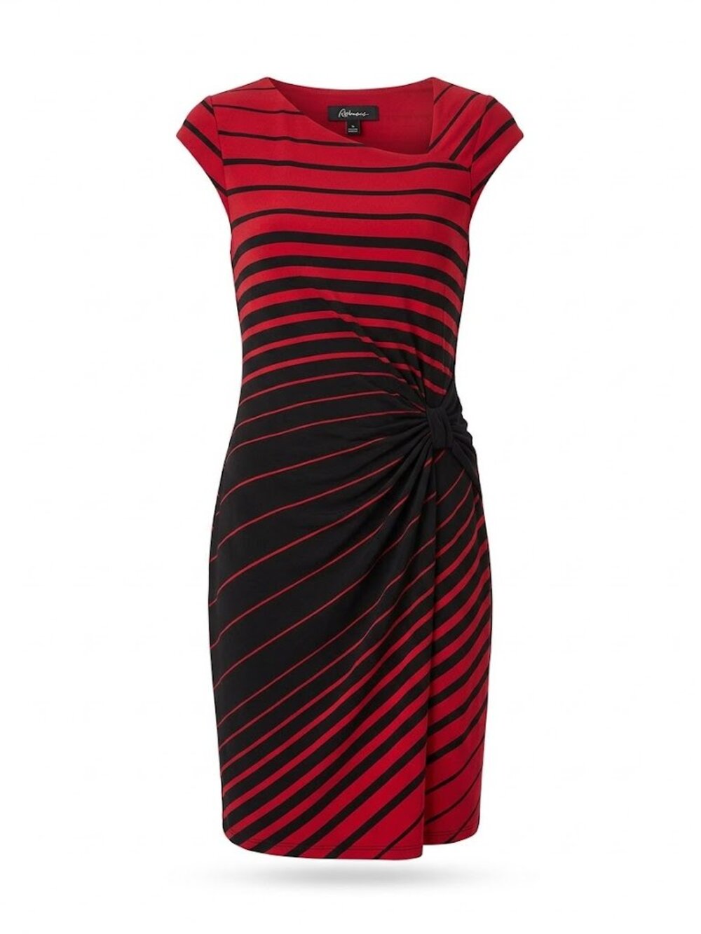 Reitmans Red Black Striped Asymmetrical Cowl Neck Draped Side Gathering Bodycon
